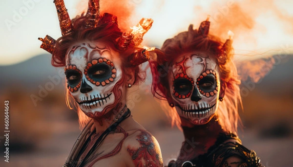 Fototapeta Female sugar skulls and flames in the desert  - Day of the Dead (Día de Muertos)