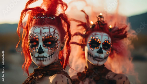 Fototapeta Female sugar skulls and flames in the desert  - Day of the Dead (Día de Muertos)