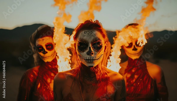 Fototapeta Female sugar skulls and flames in the desert  - Day of the Dead (Día de Muertos)