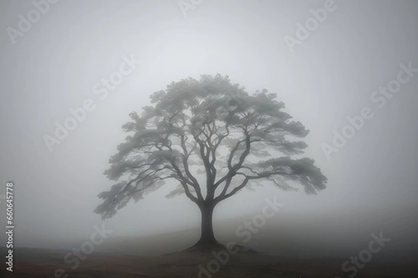 Fototapeta Amidst the Mist The Solitary Tree's Serenity - Generative AI Edition




