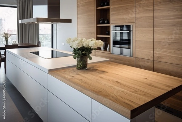 Fototapeta Close up details of modern designer touch kitchen with wooden details