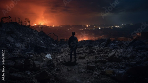 Fototapeta A Gaze of Hope: Witnessing Urban Renewal Amidst Ruins, Generative AI