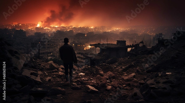 Fototapeta Reverberations of Resilience: A Man Faces a War-Torn City, Generative AI