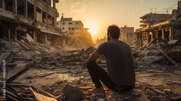 Fototapeta Loss and Grief: Man in Desolation After a terrorist attack Crisis, Generative AI