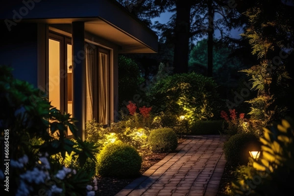 Fototapeta Modern gardening landscaping design details. Illuminated pathway in front of residential house. Landscape garden with ambient lighting system installation highlighting flowers plants