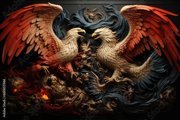 Fototapeta A medieval tapestry depicting knights battling fierce griffins, embodying the clash between myth and reality. Generative Ai.
