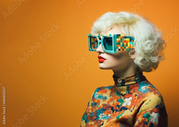 Obraz Beautiful girl in a crazy outfit with floral motifs, unusual pixelated glasses, on a minimal orange background, with cheerful, bold colors, in a retro style of joyful celebration.
