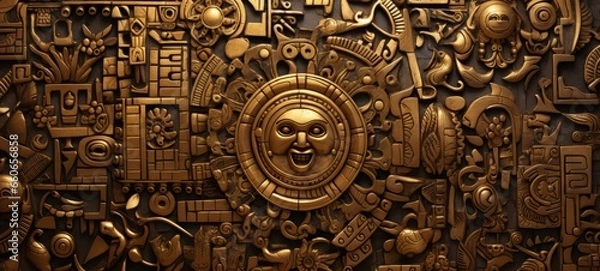 Fototapeta Aztec gold. Antique Aztec gold texture background. Copy space. Horizontal format for banners, posters, prints, advertising, games. AI generated.