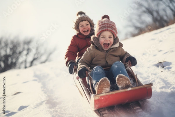 Obraz Two kids sledding down a hill in winter