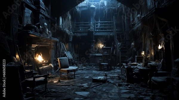 Obraz Haunted house spooky interior living area in dilapidated condition