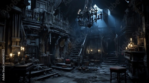 Obraz Haunted house spooky interior living area in dilapidated condition