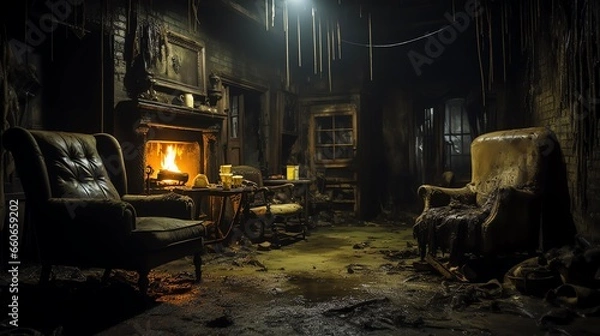 Obraz Haunted house spooky interior living area in dilapidated condition