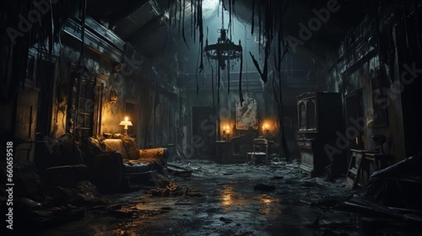 Obraz Haunted house spooky interior living area in dilapidated condition
