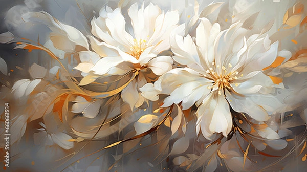 Fototapeta a painting of white flowers on a gray background.   Painting of a Olive color flower, Perfect for Wall Art.