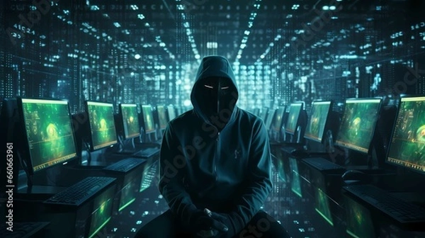 Fototapeta Anonymous hacker, surrounded by a network of glowing data. Cybersecurity, Generative Ai