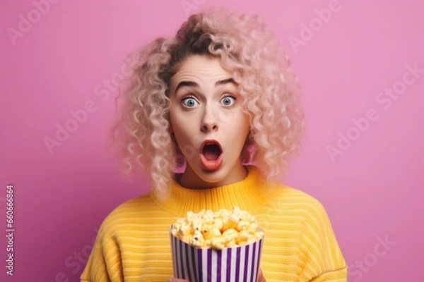 Fototapeta Portrait of a surprised young girl with bright makeup, isolated on purple background, eating popcorn. Generative AI