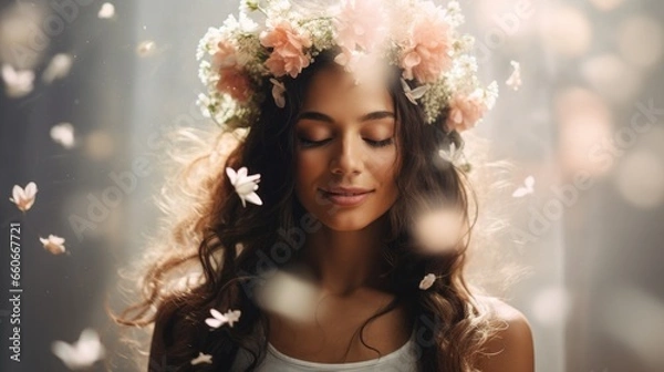 Fototapeta woman with a halo of floating wild flowers