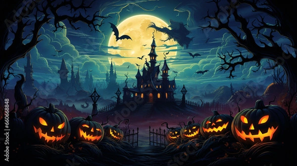 Fototapeta Halloween theme: gloomy night landscape with glowing lights and pumpkins against the backdrop of a Gothic castle