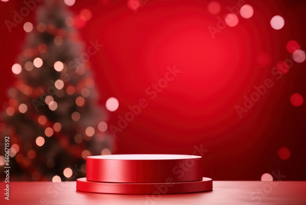 Fototapeta Empty red podium on a red background with blurred bokeh Christmas trees. Pedestal or stage mock up for your product.