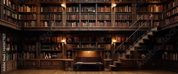 Fototapeta A home library lined with wooden shelves, with a vacant space above awaiting titles or messages.