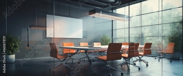 Fototapeta A modern conference room with glass walls, the presentation screen blank and ready for content.