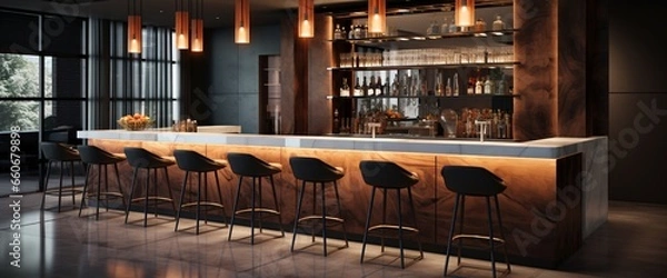 Fototapeta A sleek modern bar counter with high stools, the backlit shelves offering ample space for drink recipes or branding.