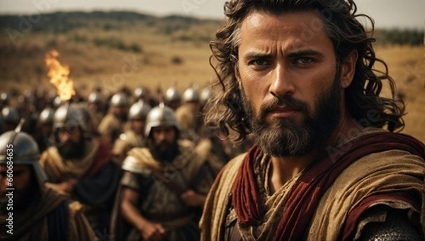 Fototapeta Biblical King David in the battlefield. Ai Generated