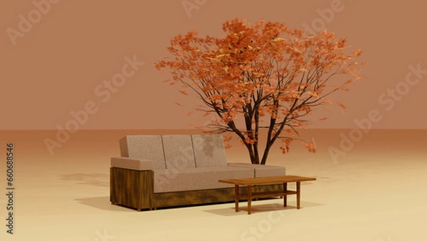 Obraz 秋のインテリアイメージ　ソファと紅葉