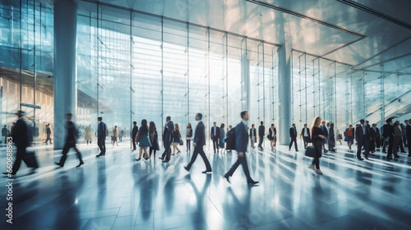 Fototapeta Crowd of blurred business people walking in a modern entrance. AI Generative