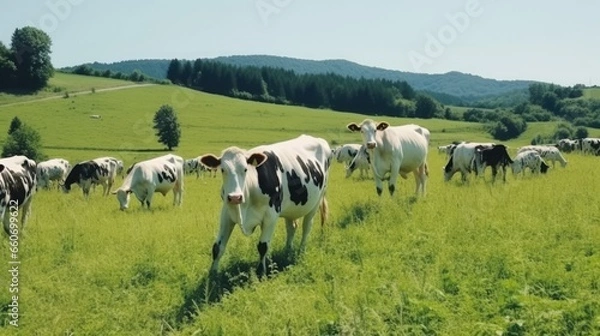 Fototapeta Herd of cows on green grass field in summer