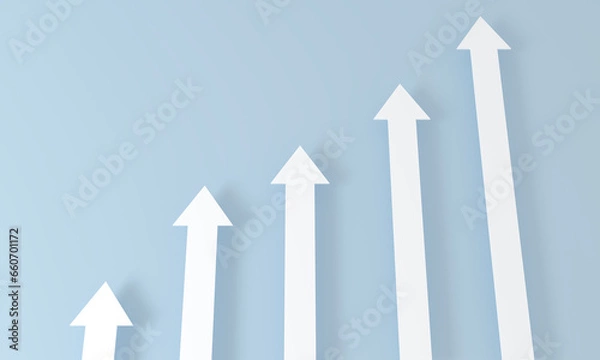 Fototapeta 3d rendering of top white rising arrow for business planning new strategy. growing business target concept idea. Step to Arrow growth success. progress way and forward achievement on blue Background.
