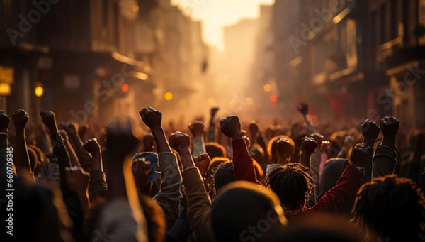 Fototapeta Group Multi-ethnic people protesting on the street. Migration crisis in Europe