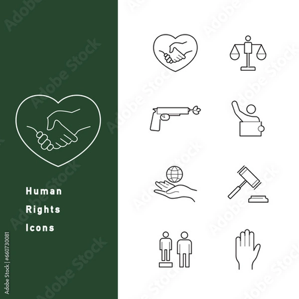 Fototapeta 人権・平和・紛争解決に関する線画アイコンのセット