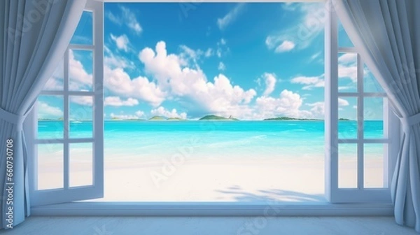 Fototapeta The view from the open window overlooks the white sandy beach