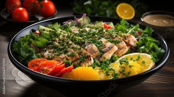 Fototapeta grilled salmon steak with vegetables