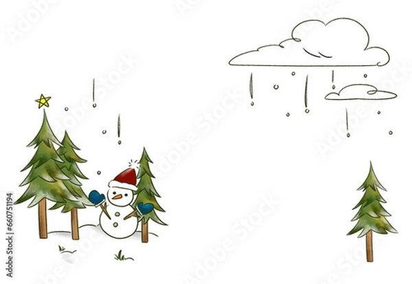 Obraz クリスマスツリーと雪だるまのフレーム