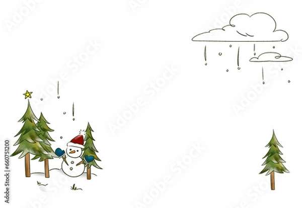 Obraz クリスマスツリーと雪だるまのフレーム