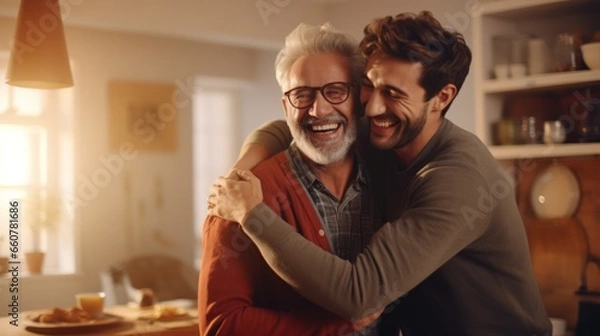 Obraz Adult hipster son fun hugging old senior father at home,2 man happy enjoy to living at home in father's day with love of family, two generations have a beard talking together and relaxing with smile