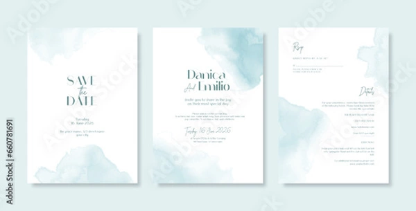 Obraz Minimalist wedding invitation with blue watercolor background texture. Beautiful and elegant wedding invitation with watercolor flower. Simple and elegant wedding card template