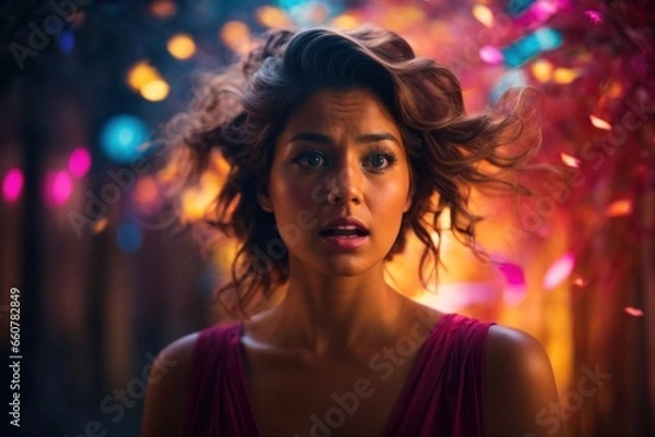 Fototapeta portrait of a young woman showing a shocked expression in a colorful room,AI generated