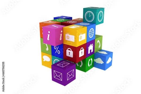 Obraz Digital png illustration of pile of blocks with digital icons on transparent background