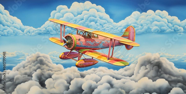 Fototapeta airplane in the sky with clouds, a colourful pastel crayon drawing of a vintage deltaplan