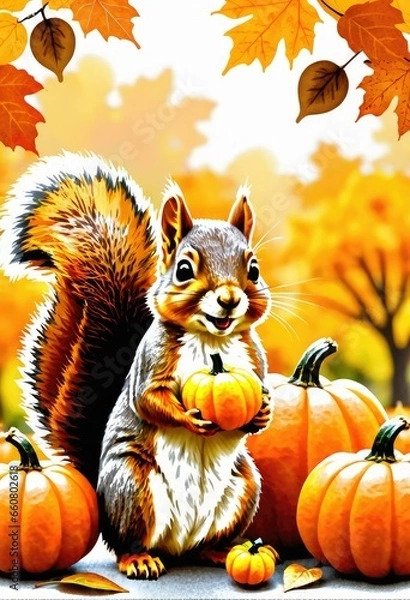 Fototapeta A children’s book cover design with a friendly squirrel, an acorn, and some orange pumpkins and fall leaves on a light surface