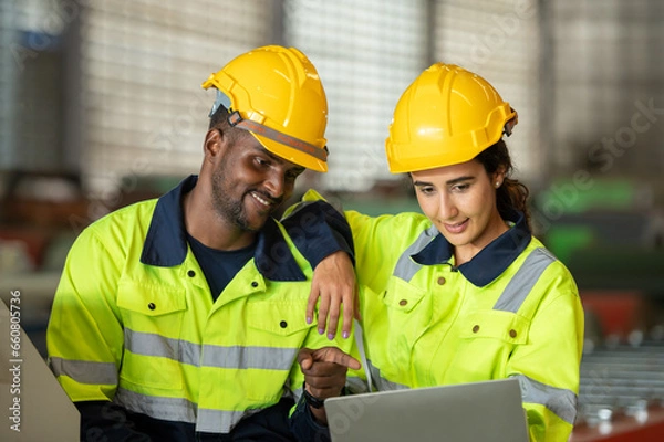 Fototapeta Factory apprenticeship. Man mentor teaching Female employees trainee operating machine looking monitors and check Production process machinery. foreman explaining woman engineer control machine .