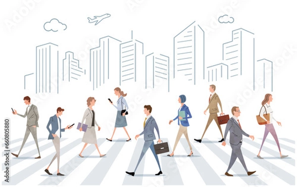Fototapeta ベクターイラスト素材：ビジネス街を歩く人々、ビジネスマン
