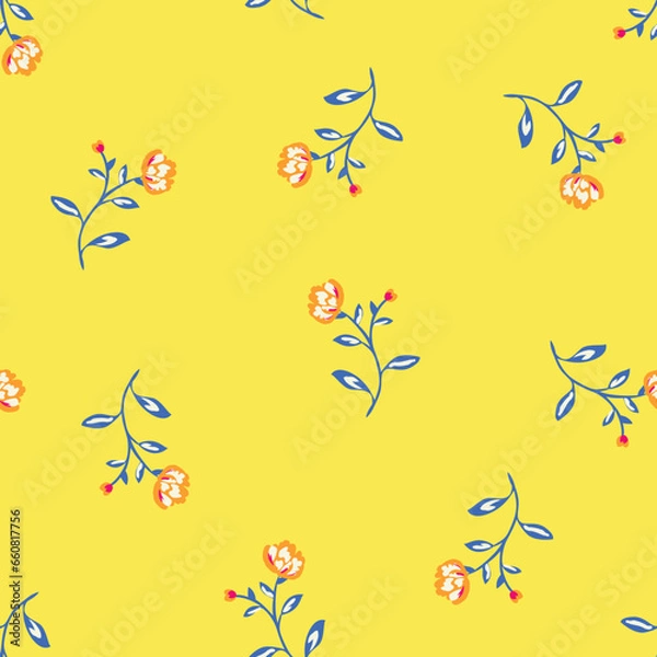 Fototapeta seamless small vector flower with lives design pattern on yellow background