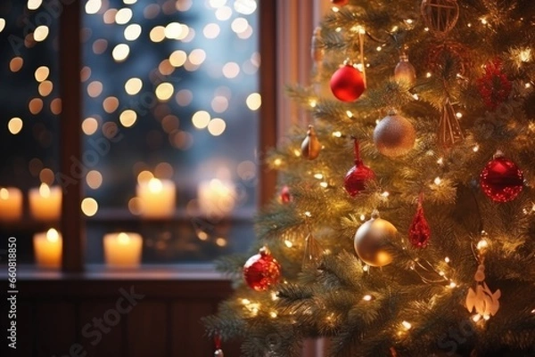 Fototapeta christmas tree illuminated with warm lights and red baubles