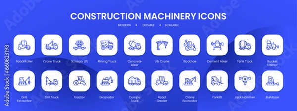Obraz Construction machinary icon collection with black filled line outline style. construction, machinery, equipment, truck, set, industrial, industry. Vector illustration