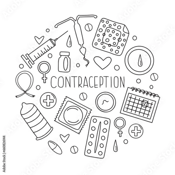 Fototapeta Vector doodle composition in the form of a circle of contraception sketches