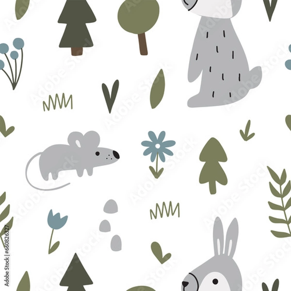 Fototapeta Seamless pattern with cute bunny and mouse in a forest environment with nature elements